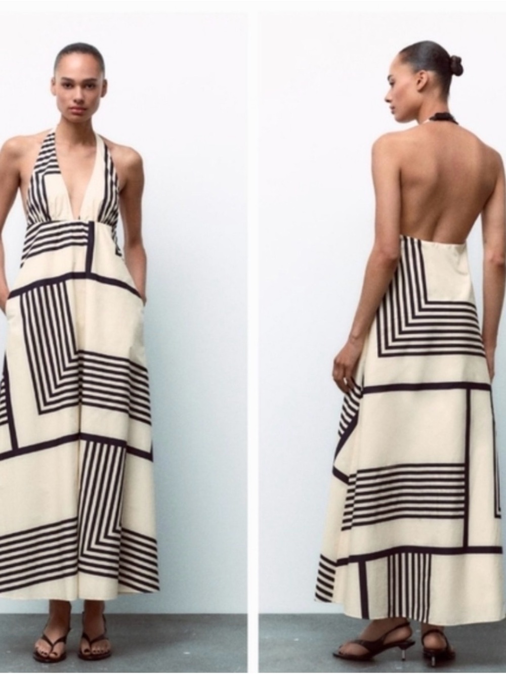 Zara Cream and Blue Backless Halter Maxi Dress